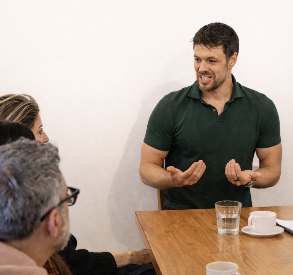 Fabien Combe speaking with participants around a table during a BYOR workshop.